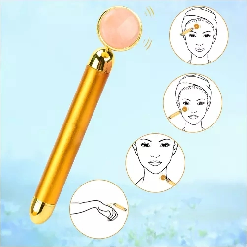 Rose Gold Massage Stick Energy Vibration Face Facial Beauty Bar with Rose Quartz Jade Round Disc